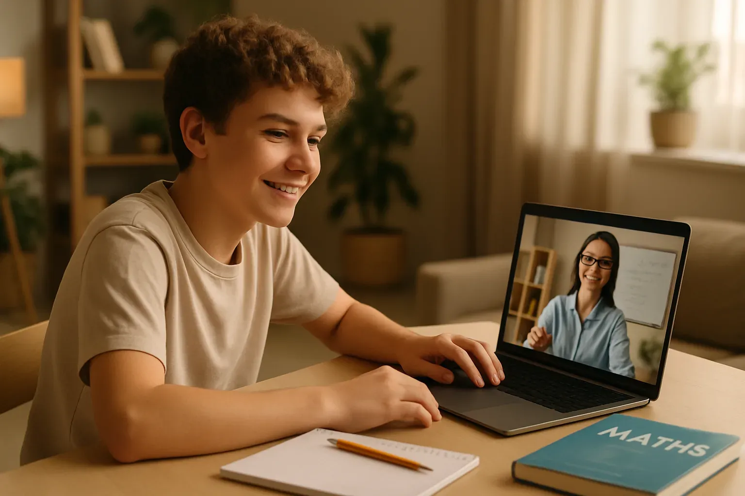 An Oundle student having an online lesson with a tutor on screen