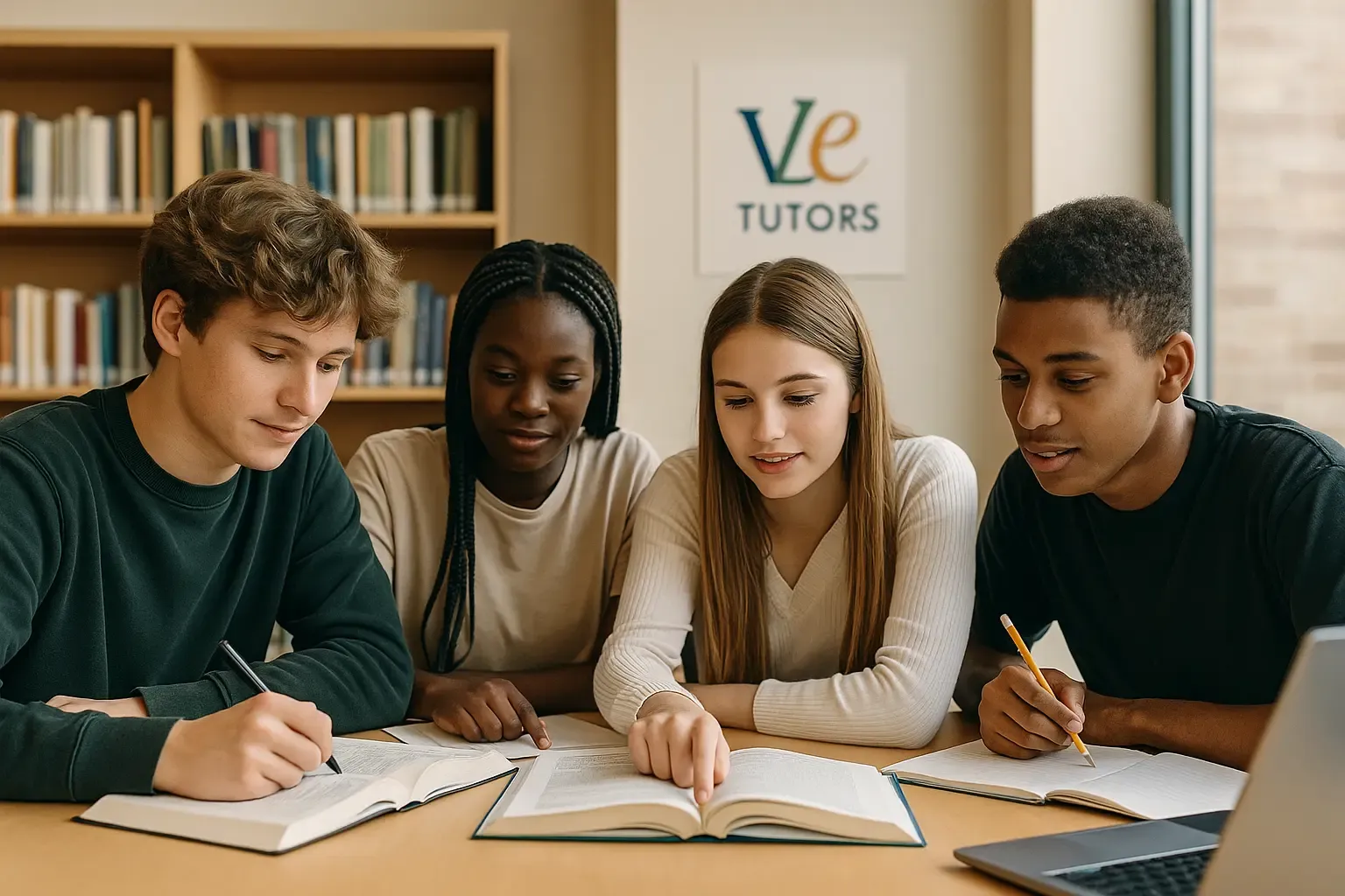 A small group of GCSE English students reading and annotating texts together