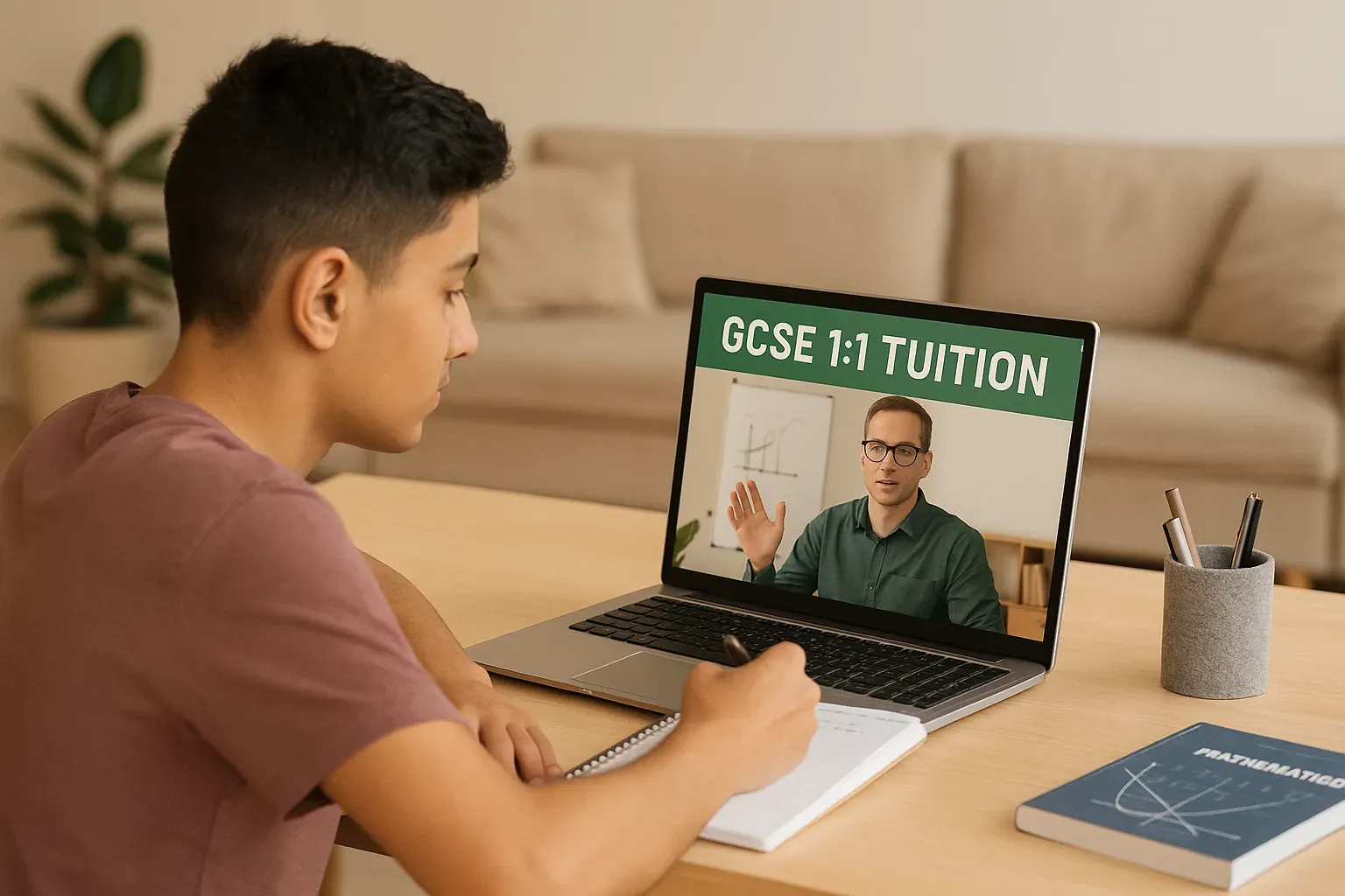 A student in a one-to-one online GCSE Maths lesson with a tutor on screen