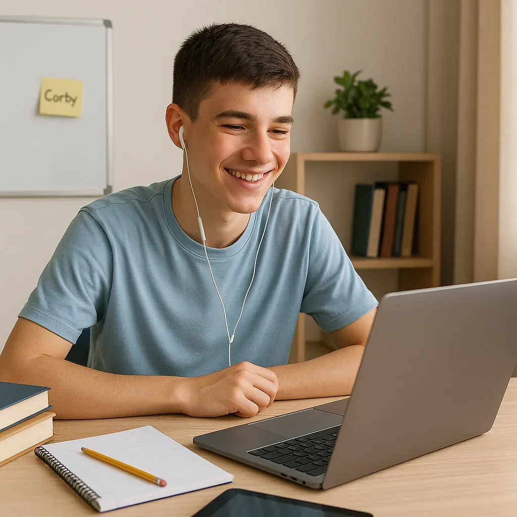 A Corby student having an online GCSE lesson