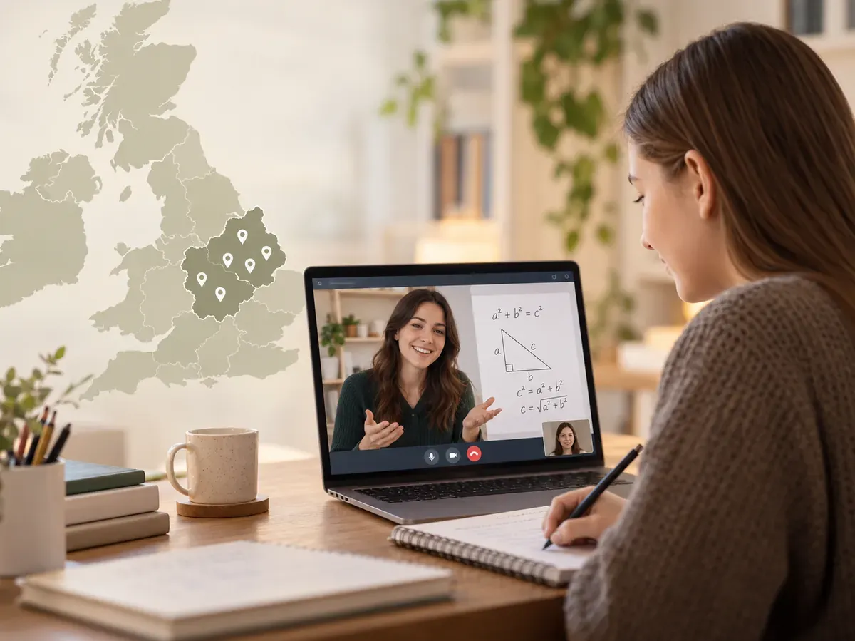 A student taking a live online maths lesson with a qualified tutor, beside a map of the UK highlighting VLE Tutors locations in Northamptonshire