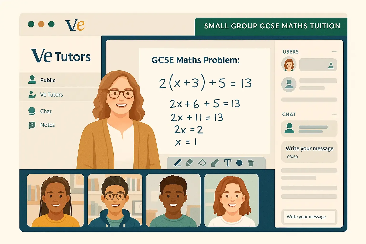 An online small-group GCSE Maths lesson with a teacher and four students on screen
