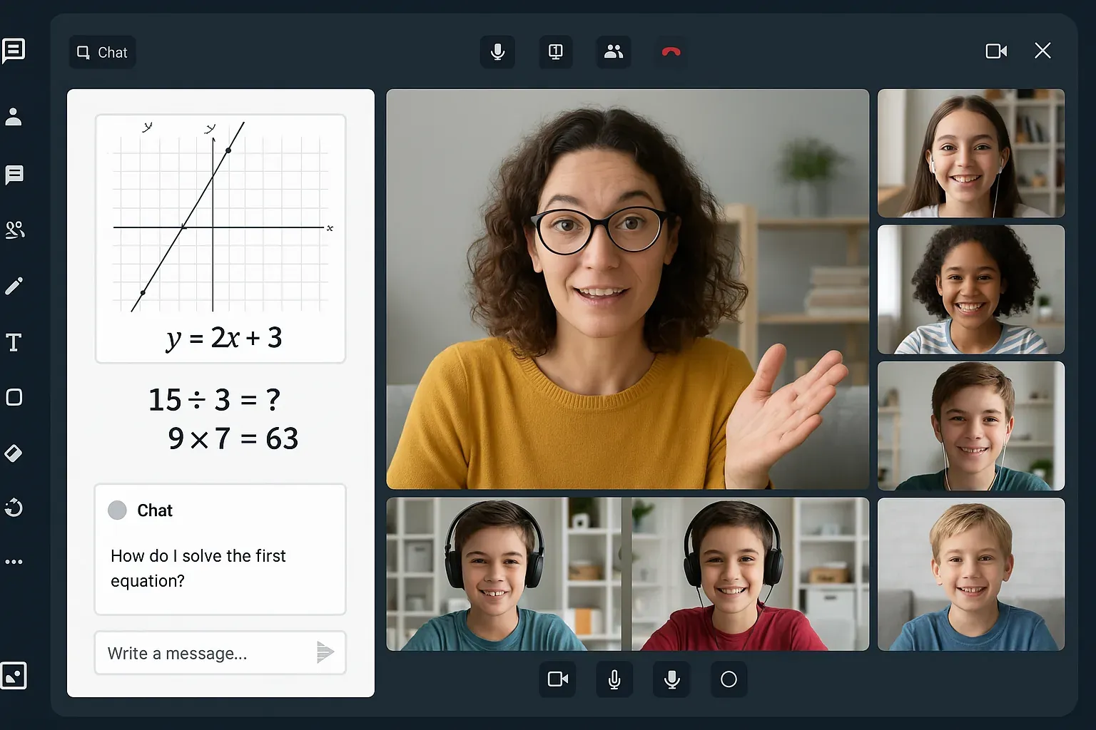 A live online lesson with a teacher, a whiteboard and several students on screen