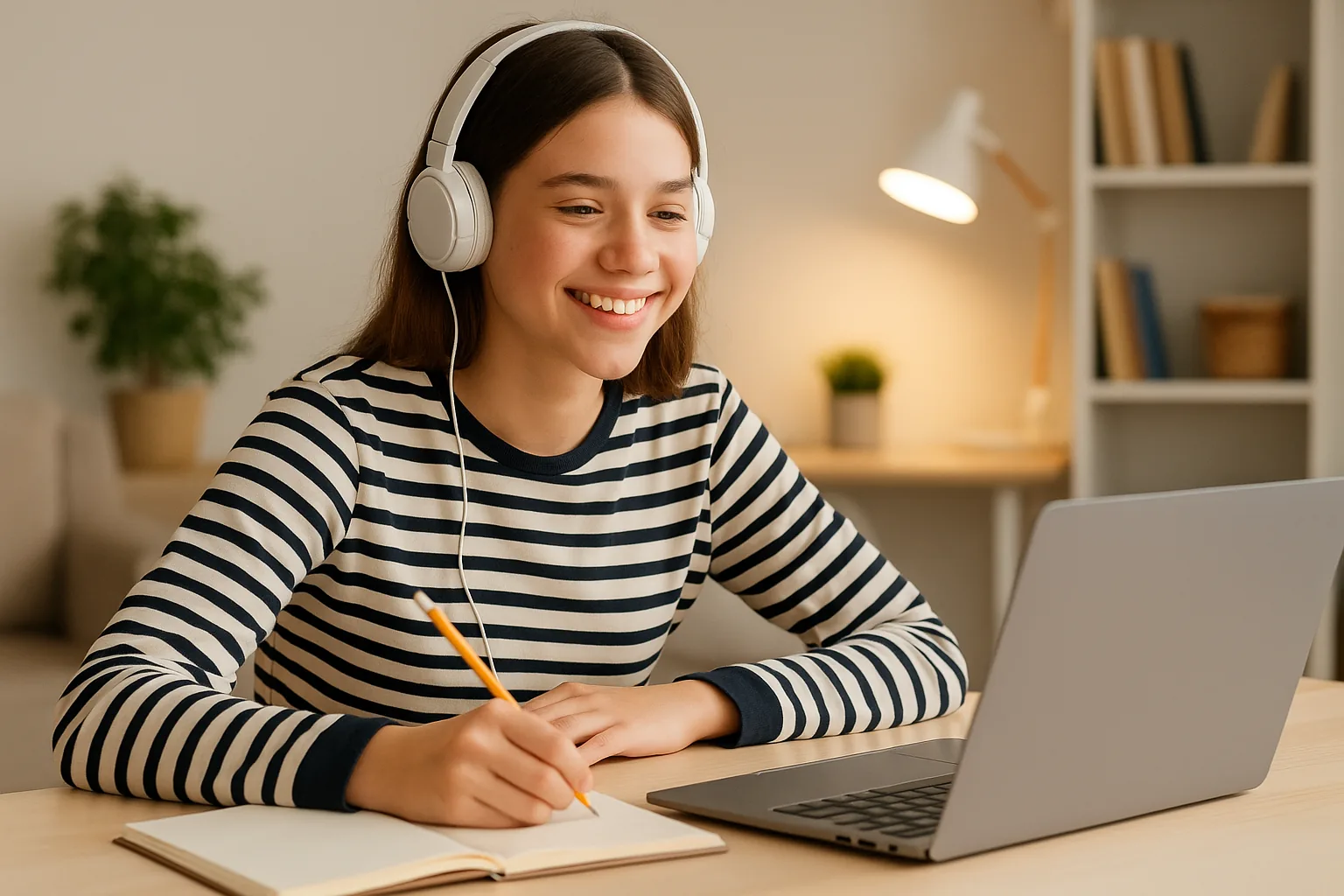 A smiling student with headphones studying online