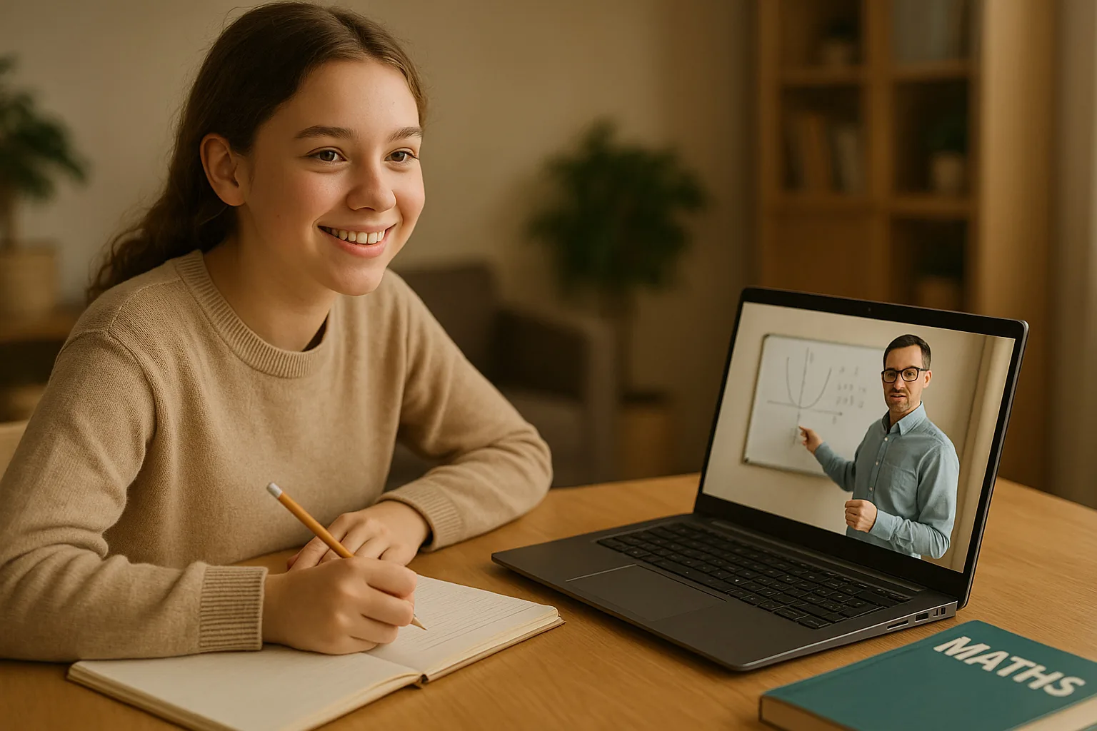 A student having an online lesson with a tutor on screen